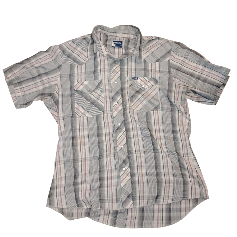 80s Wrangler Pearl Snap Shirt Mens L Button Short Sleeve Plaid Western Cowboy